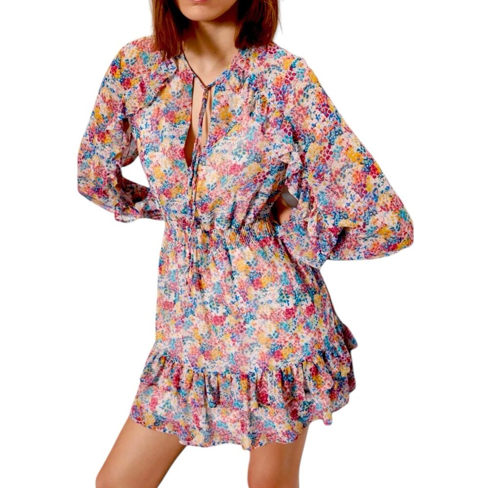 Zara Dress Womens Size XS Tie Neck Ruffle Mini Floral Romantic Boho Peasant - Picture 2 of 14